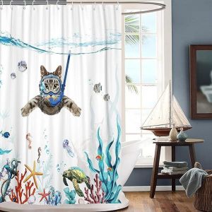 Cortina De Ducha De 180 X 180 Cm, Diseño De Gato Buceador En El Océano, Impermeable, Lavable, De Poliéster, Antisecado, Con 12 Ganchos. - Neuf