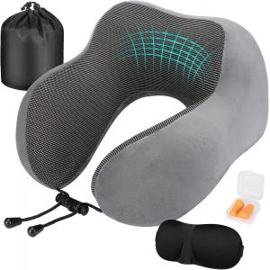 nzqaf-Coussin de Voyage, Oreiller de Voyage à Memoire de Forme, Coussin Voyage Ergonomique pour Avion et Train, Masque pour Dormir, Bouchons d' Oreilles, Sac Transport Inclus - Neuf