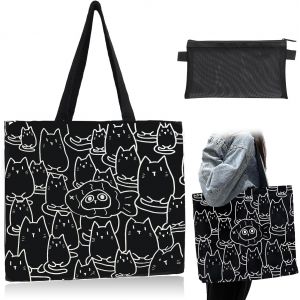 Sac fourre tout femme,sac &agrave; main de chat de poisson de mode de grande capacit&eacute; avec sac &agrave; provisions de toile d&eacute;contract&eacute; de fermeture &agrave; glissi&egrave;re pour la plage de travail d'&eacute;cole - Neuf