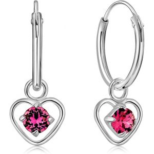 Kal-® Boucles D'oreilles Petites Créoles En Argent Fin 925 Et Pendentif Coeur Avec 3 Mm Cristaux De Swarovski® Elements Ronds - Épaisseur 1.5 Mm - Diamètre: 14 Mm - Choix De Différentes Couleurs - Neuf