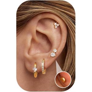 Cmjaagur-4paires Hypoallerg&eacute;niques Boucles D'oreilles Femme Argent/Or Petites Boucles D'oreille Acier Inoxydable Zircon Fleur Piercing Oreille Lot Clous D'oreilles Cr&eacute;oles Or Pour Multiple P[M183] - Neuf