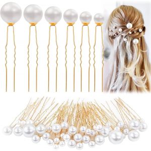 Kal-50pcs Épingles À Cheveux En Perles En Forme De U De Mariée, Accessoire Cheveux Mariage En Forme De U, Dorée, 8-20mm Pince Cheveux Mariage En Perles De U, Pour Mariée, Demoiselle - Neuf