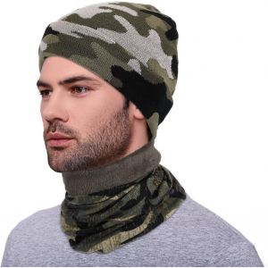 Jexnovashop-Set De 2 Pcs Bonnet Camouflage Et Cache-Cou Hiver Chapeau En Tricot Camouflage En Gris Noir Vert Cache-Cou Thermique &Eacute;pais - Neuf