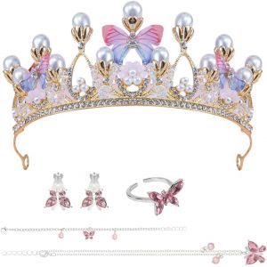 Couronne Princesse Papillon Avec Collier, Bague, Bracelet Et Clips D'oreilles, Diad&egrave;me Fille Mariage, Couronne Anniversaire Rose, Diad&egrave;me Enfant Brillant, Pour Filles De Fleurs Spectacle F&ecirc;te - Neuf