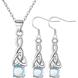 Kal-- Bijoux Pour Femmes : Ensemble De Boucles D'oreilles Pendantes En Argent Et Collier En Pierre De Lune, 2 Pièces, Blanc, Argent, Classique, 925, 46 Cm, Cadeau Pour Femmes - Neuf