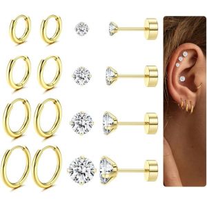 8 Paires Lot Boucles D'oreilles Femme Acier Inoxydable 316l Hypoallergénique Piercing Oreille Plaqué Or 14k Boucles D'oreilles Creoles Clous D'oreilles Or/Argent Piercing Cartilage Helix.[X1174] - Neuf