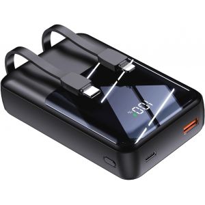 Mobile Phone Charger with Built-in Cables 20000mAh Power Bank 22.5W Quick Charge LED Display Ultra-Compact USB C Battery Compatible with iPhone 16 15 14 13 12 etc (Black, 20000mAh) - Neuf