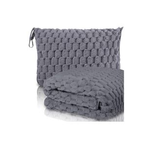 Ensemble oreiller et couverture de voyage pliable pour avion, gris, mod&egrave;le 2 en 1, compact et doux - Neuf