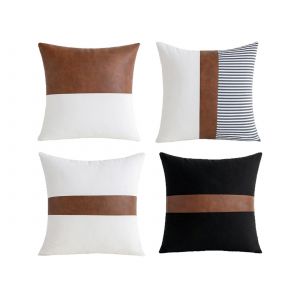 Lot De 4 Housses De Coussin Patchwork En Similicuir Pu 45x45cm - Neuf