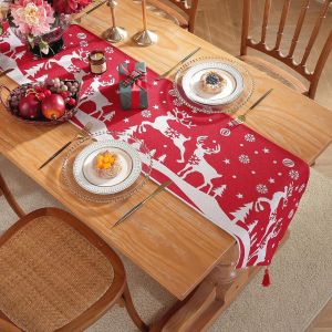 Sjzg-Chemin De Table Noel 35 X 180cm Rouge Chemin Imprim&eacute; Etanche Anti-Fouling Table &Agrave; Manger Rectangulaire Deco Pour D&eacute;coration De Table De No&euml;l&iquest;Rouge&iquest; - Neuf