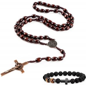 Kalsw-Chapelet Catholique En Bois Chapelet Chretien Croix Homme Femme Bracelet De Perles Homme Croix Oeil De Tigre Pour Chrétiens Catholiques Communion Religieuse,Baptême,Messe,Bible,Naissance - Neuf