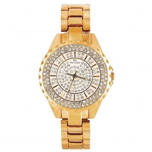Femmes Alliage Sangle Strass Cadran Rond Quartz Mouvement Montre Analogique (Or) - Neuf