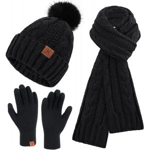 Ulteronixshop-Femme Hiver Bonnet Chapeau Foulard &Eacute;cran Tactile Gants Ensemble Chenille Pompon Tricot Polaire Doubl&eacute; Casquette &Eacute;charpe Gant Cadeaux Pour Femmes - Neuf