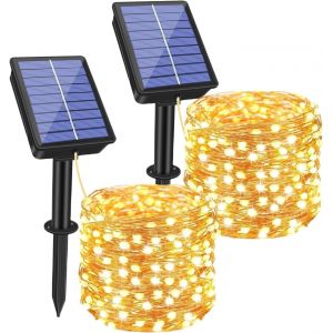 Kal-Guirlande Solaire Exterieur, Lot De 2 Guirlande Lumineuse Solaire, 15m 150 Led, Ip65 Améliorer Les Panneaux Solaires 8 Mode, Pour Terrasse, Portail, Cour, Arbres, Barbecue, Mariage, Fête - Neuf