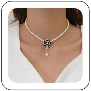 Kal-Collier Tour De Cou Perle Boho Collier Pendentif Fleur Perle Collier Perle D'eau Douce Collier Camélia Blanc Chaîne Collier Fleur De Camélia Collier Pendentif Perle De Cristal - Neuf
