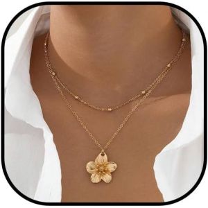 Collier Pendentif Fleur M&eacute;tallique Dor&eacute;e, Bijoux Femme, Long Collier, Motif Floral Color&eacute;, Bijou Femme, Cadeau De Mariage - Neuf