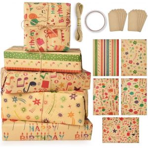 Papier Cadeau,5pcs Papier D'emballage Cadeau Kraft Anniversaire 70x50cm Avec 10 &Eacute;tiquettes+Ruban Adh&eacute;sif Double Face+10m Corde De Paille Pour Femme Fille Homme Garcon Enfant.[F16] - Neuf