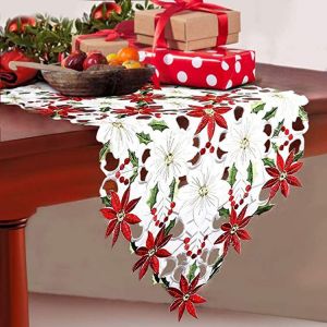 Chemins de table rectangulaires brod&eacute;s de luxe, poinsettia et houx, versez d&eacute;corations de No&euml;l, 38,1 x 175,3 cm - Neuf