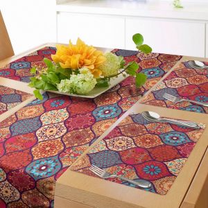 Eryi-Chemin De Table Marocain & Napperons 4 Pièces, Motif Curvy Ondulé Oriental Avec Motifs D'art Rétro Inspirés De La Nature, Ensemble De Décoration De Table, 180 X 40 Cm, Rouge Chameau - Neuf