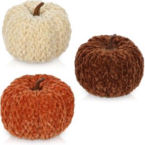 Cauc-Lot De 3 Citrouilles D'automne En Tissu Peluche Pour Centres De Table D'automne, D&eacute;coration De Citrouille En Velours Pour Thanksgiving, Halloween, Plateau &Agrave; &Eacute;tages, Ferme Rustique - Neuf