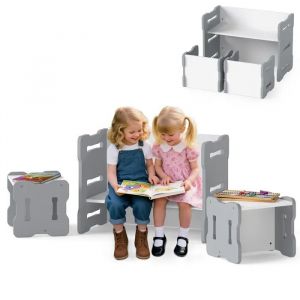 COSTWAY Ensemble Table et 2 Chaises pour Enfants - 69 x 39,5 x 52cm Coins Arrondis, Poign&eacute;es Int&eacute;gr&eacute;es, Mobilier Gain de Place Gris - Neuf