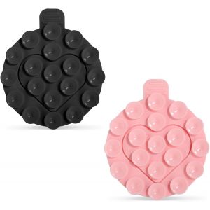 2pcs Support De Téléphone À Ventouse,Poignée Téléphone Ronde Collante Support Téléphone Silicone Double Face Coeur Fidget Jouet Téléphone Accessoire Pour Surface Plane (Noir,Rose) - Neuf