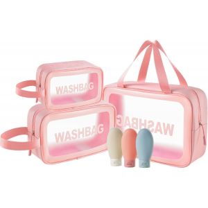 KALANKA-3 Pièces Trousse de Toilette Transparente Trousse Toilette Femme Impermeable Trousse de Maquillage Voyage avec 3 Flacons de Voyage pour Vacances, Salles de Bains (Rose) - Neuf
