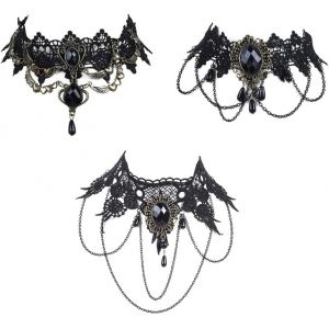 Ensemble De Colliers Gothiques 3 Pi&egrave;ces,Ras Du Cou En Dentelle Noire,Collier Ras Du Cou En Dentelle D'halloween,Cha&icirc;ne De Vampire Pour Femmes,Bijoux Fantaisie Pour F&ecirc;te Masqu&eacute;e,Carnaval - Neuf