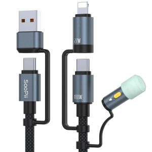KGABERY-C&acirc;ble De Charge Multi-Usb C 100W 5A 6,6 Pieds Avec Lumi&egrave;re Led Pour Le Camping,C&acirc;ble De Charge Rapide 4 En 1 C/A Vers C/Ip,C&acirc;ble En Nylon De Type C Pour T&eacute;l&eacute;phone,Tablette,Ordinateur Portable - Neuf