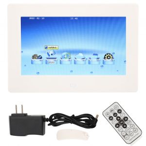 Cadre photo numerique blanc 7 pouces HD multifonctionnel avec telecommande, lecture d'images video, musique, horloge, calendrier, prise americaine - Neuf