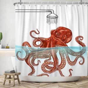 Rideau De Douche Drôle 120x180 Cm,Simplicité Moderne Drôle Poulpe Orange Natation Blanc Lavables En Textile Rideau De Bain Imperméable Pour Baignoire Avec 8 Crochets - Neuf
