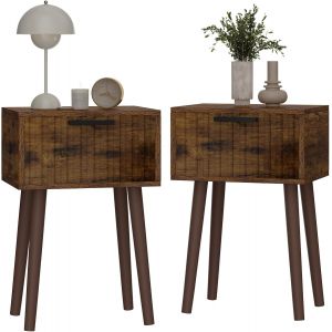 SUBZONAL-Lot de 2 Tables de Chevet, Table D'appoint, D&eacute;cor&eacute; avec fa&ccedil;ades Stri&eacute;es, Pieds en Bois, Tiroir Magn&eacute;tique, Cha&icirc;ne de Fixation, 35x27x53cm, pour Chambre &agrave; Coucher, Marron Rustique HST014H-2 - Neuf