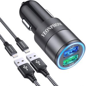 Chargeur Voiture Iphone Avec 2x Câble Lightning [Certifié Apple Mfi],Chargeur Allume Cigare Usb Rapide 2.4a Adaptateur Pr Allume Cigare Usb Chargeur Voiture Pour Iphone 14 13 12 11 Pro /Xs/X/8/7 - Neuf