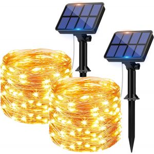 Kal-[Lot De 2 Guirlande Solaire Exterieur, 12m 120 Led Guirlande Lumineuse Solaire Exterieure Étanche 8 Modes Décoration Lumière Pour Jardin Terrasse Cour Maison Noël Mariage Fête Blanc Chaud - Neuf