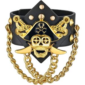 Kal-Bracelet Cuir Chapelet Bouddhique Perle Homme Corde Réglable Alliage Poignet Capitaine Pirate Tête Mort Crâne Rivet Punk Rock Bijoux Fantaisie Couleur Noir Or - Neuf