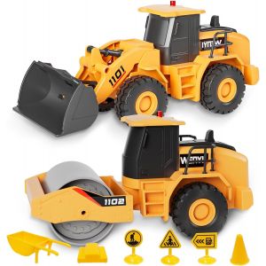 ERYI-Engin De Chantier Jouet, 2Pcs Jouets De Sable Avec Musique & Lumière, Jouets De Camion Bulldozer Et Rouleau Compresseur, Cadeau Pour Garçons Filles Enfants Âgés De 3 4 5 6 7 8 Ans - Neuf