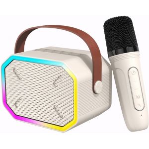 EDKAL-Machine De Karaoké Pour Enfants,Haut-Parleur De Karaoké Bluetooth Microphone Avec Lumière Led Et Effets De Changement De Voix,Cadeaux Pour Fête Et Voyage Jouets Karaoké Pour Enfants (Beige) - Neuf