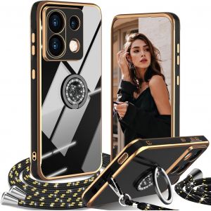 Kal-Coque Avec Cordon Pour Xiaomi Redmi Note 13 Pro 5g, Avec Anneau De Support Coeur,Étui Housse Antichoc Souple Silicone Tpu Bumper Portable Protection Case Avec Amovible Collier, Noir - Neuf