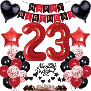 Tianyi-Décorations D'anniversaire 23 Ans Pour Homme Et Femme - Cadeau Pour 23e Anniversaire - Décoration De Gâteau - Bannière Happy Birthday - Rouge Et Noir - Kit De Décoration Pour 23 Ans - Chiffre - Neuf