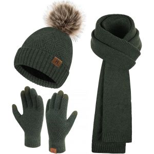 Femmes Hiver Chaud Bonnet Pompon Longue Echarpe Gants Tactiles Ensemble Tricot Avec Doublure Polaire Thermique Cadeaux Noel Femme - Neuf