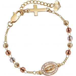 Kalanka-Bracelet Chapelet Femme Catholique - Croix Et Vierge Marie De Guadalupe Or 14k, Bracelet Religieux Catholique Avec Perles Tricolores Et Zirconium, Cadeau Pour Bapt&ecirc;me, Communion Et Confirmati - Neuf