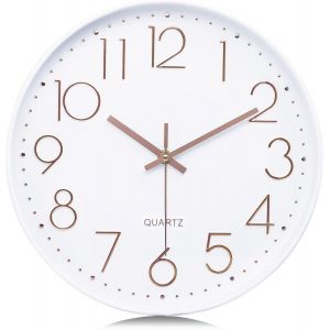 ERYI-30Cm Horloge Murale Blanc Moderne Silencieuse, Chiffres 3D Or Rose Pendules Murales Facile À Lire, Sans Tic-Tac Déco Pour Cuisine Salon Chambre Bureau - Neuf