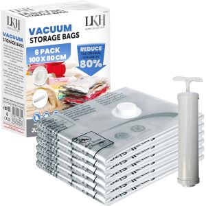 Lot de 6 sacs de rangement sous vide avec pompe pour vêtements-Imperméables,hermétiques et s-Réduit le volume de 80 %-3 valves d'étanchéité pour une compression sécurisée-100 - Neuf