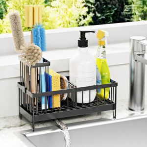 Organisateur D'&eacute;vier Pour La Cuisine,Organiseur D'&eacute;vier Avec Cuvette De Auto-Vidange,Support Eponge Evier Cuisine Avec Porte-Brosse Amovible Porte Eponge Evier Cuisine,Noir - Neuf