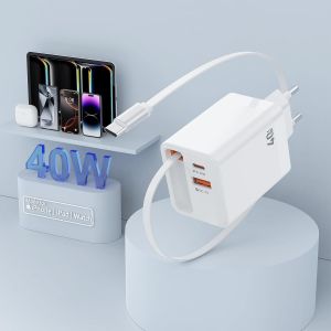 TIANYI-Chargeur 40 W Prise r&eacute;tractable pour iPad iPhone 15 16 avec c&acirc;ble USB C 2.1FT 3 en 1 essentiels de voyage, pour chargeur iPhone Prise de charge rapide pour iPhone s&eacute;rie 16/15 - Neuf