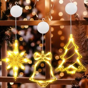 Fen&ecirc;tre Guirlande de No&euml;l, 3 Pi&egrave;ces 10 LED Rideau Lumineux Blanc Chaud Lumi&egrave;res D&eacute;coration de Fen&ecirc;tre &agrave; Piles Sapin de No&euml;l & Cloche & &Eacute;toile Polaire Lamp de No&euml; pour Int&eacute;rieur Jardin Mariage - Neuf