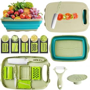Eryi-Planche A Decouper Pliable, 9 In 1 Bassine Pliable Camping Multifonction, Panier De Drainage Avec 5 Trancheuses Différentes, Pour Les Cuisines & Voyages (Vert) - Neuf