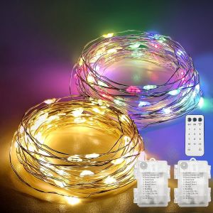 JGD-Lot de 2 guirlandes lumineuses &agrave; piles - 10 m - 100 LED - Micro guirlande lumineuse pour l'ext&eacute;rieur et l'int&eacute;rieur - Avec minuterie, t&eacute;l&eacute;commande, 12 modes - Intensit&eacute; variable - Fonctionne - Neuf