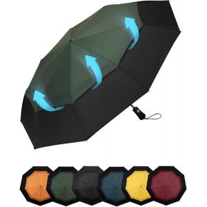 Parapluie Pliant Compact - Parapluie Homme Automatique Resistant Vent, Parapluies Vert De Voyage Portables, Auvent &Agrave; Double Ventilation Tissu 210t, Port&eacute;e 102 Cm, 9 Sections - Neuf