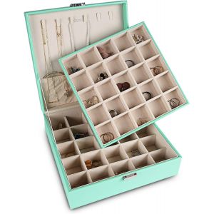 Bo&icirc;te &agrave; bijoux classique &agrave; 50 compartiments pour ranger des boucles d'oreilles, double couche avec 6 crochets pour colliers et poche pour bracelets (noir) - Neuf